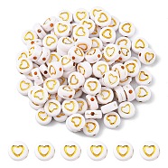 Plating Acrylic Beads, Metal Enlaced, Flat Round with Heart, White, 7x4mm, Hole: 1.5mm(PACR-YW0001-12)