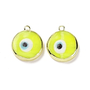Handmade Lampwork Pendants, with Golden Plated Brass Findings, Cadmium Free & Lead Free, Flat Round with Evil Eye, Yellow, 21x18x4.5mm, Hole: 1.6mm(LAMP-P057-03G-01)
