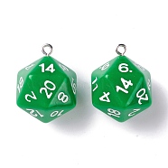 Opaque Acrylic Pendants, with Platinum Plated Iron Findings, Faceted, Polyhedral Dice, D20, Green, 27.5x20x20mm, Hole: 2mm(MACR-O044-03-01C)