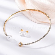 Round Plastic Imitation Pearl Stud Earrings & Cubic Zirconia Rhinestone Cuff Choker Necklaces Sets, 304 Stainless Steel Jewerly Set for Women, Golden, Inner Diameter: 4.43 inch(112.5mm)(SJEW-U003-07G)