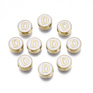 Alloy Enamel Beads, Cadmium Free & Lead Free, Light Gold, Flat Round with Alphabet, White, Letter.D, 8x4mm, Hole: 1.5mm(ENAM-N052-006-01D-RS)