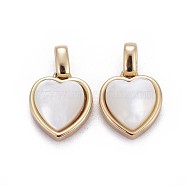 Natural White Shell Mother of Pearl Shell Pendants, with Brass Settings, Heart, Golden, 13x11x4.5mm, Hole: 2x3mm(BSHE-F011-04A-G)