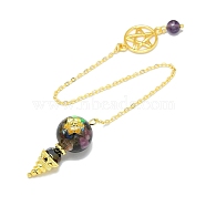 Round Resin Dowsing Pendulum Big Pendants, Natural Tourmaline Chip Inisde and Cadmium Free & Lead Free Golden Plated Brass Findings, Cone Charm, 215mm(G-C117-01G-12)