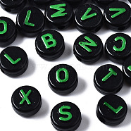 Opaque Black Acrylic Beads, Flat Round with Random Letters, Green, 9.5x6mm, Hole: 2mm, about 124pcs/40g(MACR-Q242-009C)