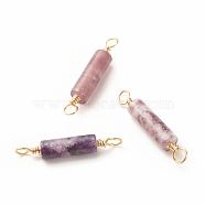 Natural Lilac Jade Connector Charms, with Light Gold Eco-Friendly Copper Wire Wrapped, Column, 22~23.5x4mm, Hole: 2.2~2.4mm(PALLOY-JF01454-09)