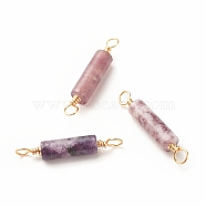 Natural Lepidolite Connector Charms, with Light Gold Eco-Friendly Copper Wire Wrapped, Column, 22~23.5x4mm, Hole: 2.2~2.4mm(PALLOY-JF01454-09)