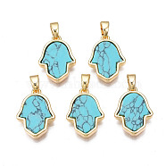 Real 18K Gold Plated Brass Pendants, with Synthetic Gemstone Cabochons, Cadmium Free & Nickel Free & Lead Free, Hamsa Hand/Hand of Miriam, Buddhist Theme, Turquoise, 17x12x3mm, Hole: 2.5x5mm(KK-N233-171A-01B)