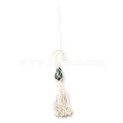 Hanging Moon Star Braided Macrame Ornaments, Tumbled Green Aventurine Pendant Decorations, with Cotton Tassel, 230mm(MOST-PW0001-137B)