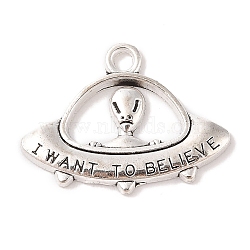 Tibetan Style Alloy Pendants, Alien/ET and UFO with Words I want to Believe, Cadmium Free & Lead Free, Antique Silver, 23x31x3mm, Hole: 3mm(TIBEP-5298-AS-LF)