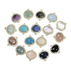 Natural Mixed Gemstone Faceted Oval Links, Rack Plating Brass Micro Pave Clear Cubic Zirconia Connector Charms, Golden, 20.5x17.5x4.5mm, Hole: 1.6mm(G-B126-01G)