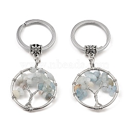 Natural Aquamarine Flat Round with Tree of Life Pendant Keychain, with Iron Key Rings and Brass Finding, 6.5cm(KEYC-E023-03K)