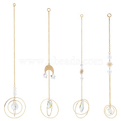 Glass Rhinestone Pendant Decoration, Hanging Suncatchers, with Brass Findings, for Home Decoration, Moon & Sun & Teardrop, Colorful, 223~310mm, 4pcs/set(HJEW-PH01748)