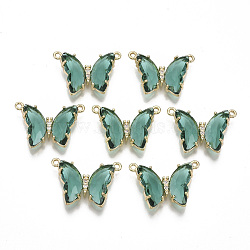 Eco-Friendly Alloy Links connectors, with Glass and Clear Cubic Zirconia, Butterfly, Nickel Free, Light Gold, Medium Aquamarine, 16x24x6mm, Hole: 1.2mm(GLAA-N034-03KC-NF)
