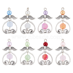 48Pcs 8 Color Glass Pearl Bead Angel Pendants, with Iron Flat Head Pins, Alloy Bead Frames & Acrylic Beads, Mixed Color, 34.5x19.5x8mm, Hole: 2.6x2.2mm, 6Pcs/color(PALLOY-HY0001-02)