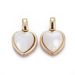 Natural White Shell Mother of Pearl Shell Pendants, with Brass Settings, Heart, Golden, 13x11x4.5mm, Hole: 2x3mm(BSHE-F011-04A-G)