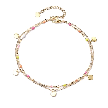 304 Stainless Steel Enamel Link Chains Anklets, Heart Charm Anklets, Colorful, 8-7/8 inch(22.5cm)