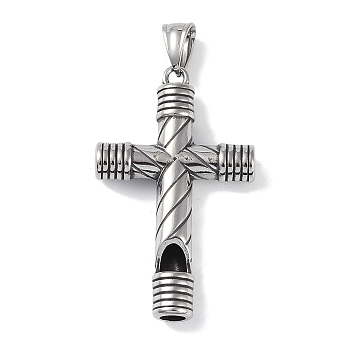 Viking 316 Surgical Stainless Steel Big Pendants, Blowable Whistle Cross Charm, Antique Silver, 50.5x30.5x6.5mm, Hole: 9.5x4.5mm