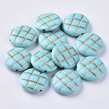 Plating Acrylic Beads, Golden Metal Enlaced, Flat Round, Dark Turquoise, 19.5x5.5mm, Hole: 1mm, about 333pcs/457g