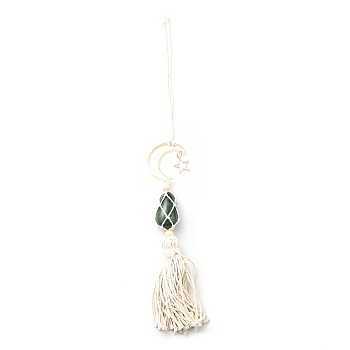 Hanging Moon Star Braided Macrame Ornaments, Tumbled Green Aventurine Pendant Decorations, with Cotton Tassel, 230mm