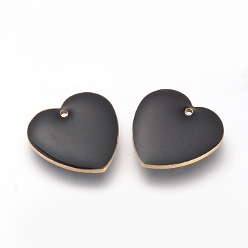 Brass Enamel Pendants, Enamelled Sequins, Heart, Black, 16x16x3mm, Hole: 1mm