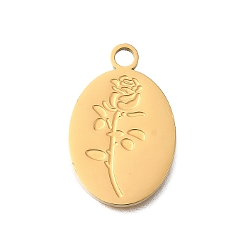 PVD Vacuum Plating 201 Stainless Steel Pendants, Oval with Rose Charm, Real 18K Gold Plated, 23x14x1.5mm, Hole: 2mm