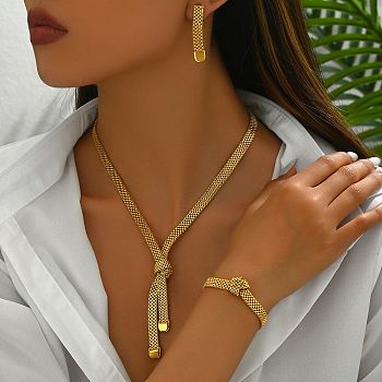 Simple Hollow Wide Necklace Earrings Bracelet Set for Women, Real 18K Gold Plated