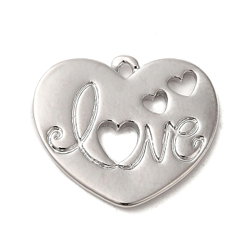 Valentine's Day Brass Pendants, Heart with Word, Real Platinum Plated, 16x18.5x1.5mm, Hole: 1.2mm