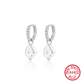 Rhodium Plated 925 Sterling Silver Micro Pave Cubic Zirconia Dangle Hoop Earrings, Natural Pearl Drop Earrings, with 925 Stamp, Platinum, 22x5mm