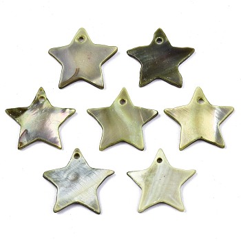 Natural Freshwater Shell Pendants, Dyed, Star, Dark Khaki, 19~20x20.5~21.5x1~2mm, Hole: 1.6mm