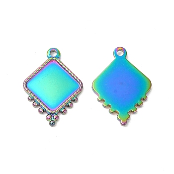 Ion Plating(IP) 304 Stainless Steel Pendant Cabochon Settings, Rhombus, Rainbow Color, Tray: 13.5x13.5mm, 21x15x2mm, Hole: 1.6mm