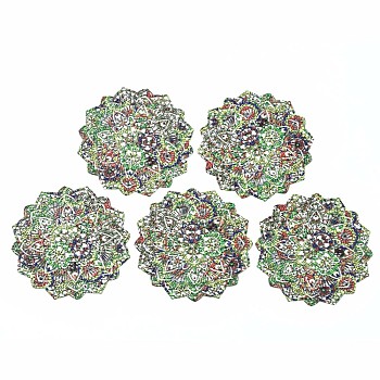 430 Stainless Steel Chandelier Components Links, Spray Painted, Etched Metal Embellishments, Flower with Flower Pattern, Lime Green, 45x45x0.6mm, Hole: 1.4mm and 0.8mm