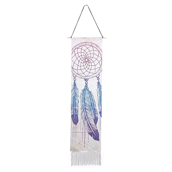 Bohemia Style Linen Wall Hanging Tapestry, Vertical Woven Net/Web with Feather Pattern Tapestry, with Wood Rod & Iron Traceless Nail & Cord, for Home Decoration, Rectangle, Snow, 164cm