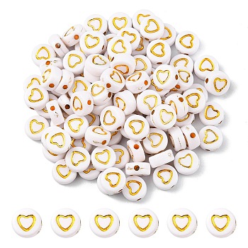Plating Acrylic Beads, Metal Enlaced, Flat Round with Heart, White, 7x4mm, Hole: 1.5mm