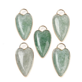 Natural Green Strawberry Quartz Pendants, with Golden Tone Brass Findings, Heart Charms, 33.5x17x5.5~6.5mm, Hole: 6x5mm