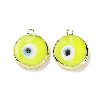 Handmade Lampwork Pendants, with Golden Plated Brass Findings, Cadmium Free & Lead Free, Flat Round with Evil Eye, Yellow, 21x18x4.5mm, Hole: 1.6mm