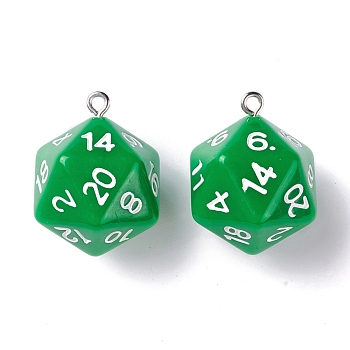 Opaque Acrylic Pendants, with Platinum Plated Iron Findings, Faceted, Polyhedral Dice, D20, Green, 27.5x20x20mm, Hole: 2mm