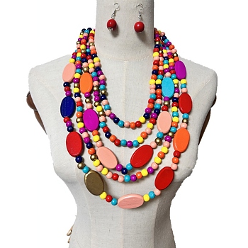 Handmade Wood Beads Multi-Layer Necklaces & Boho Dangle Earrings Set, Boho Jewelry Set for Women, Colorful, 20.08 inch(51cm)