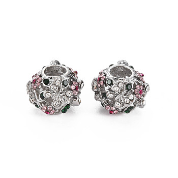 Rack Plating Alloy European Beads, with Rhinestone, Large Hole Beads, Cadmium Free & Nickel Free & Lead Free, Rondelle, Platinum, Colorful, 12.5x11x10mm, Hole: 4.5mm
