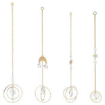 Glass Rhinestone Pendant Decoration, Hanging Suncatchers, with Brass Findings, for Home Decoration, Moon & Sun & Teardrop, Colorful, 223~310mm, 4pcs/set