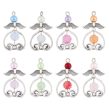 48Pcs 8 Color Glass Pearl Bead Angel Pendants, with Iron Flat Head Pins, Alloy Bead Frames & Acrylic Beads, Mixed Color, 34.5x19.5x8mm, Hole: 2.6x2.2mm, 6Pcs/color