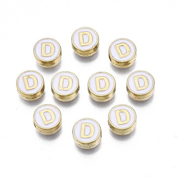 Alloy Enamel Beads, Cadmium Free & Lead Free, Light Gold, Flat Round with Alphabet, White, Letter.D, 8x4mm, Hole: 1.5mm