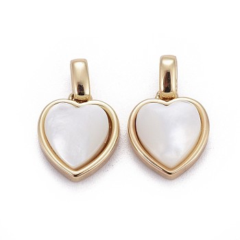Natural White Shell Mother of Pearl Shell Pendants, with Brass Settings, Heart, Golden, 13x11x4.5mm, Hole: 2x3mm
