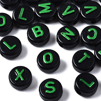 Opaque Black Acrylic Beads, Flat Round with Random Letters, Green, 9.5x6mm, Hole: 2mm, about 124pcs/40g