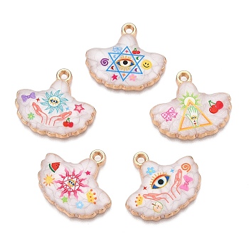 Printed Rack Plating Alloy Enamel Pendants, Golden, Ginkgo Leaf with Evil Eye Charm, Mixed Shapes, 22x25x4mm, Hole: 2mm