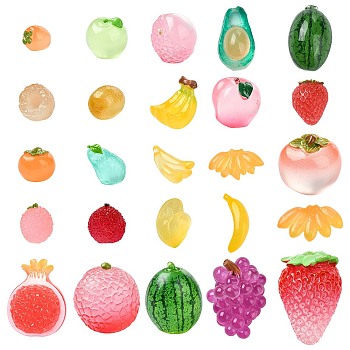 50Pcs 25 Styles Luminous Resin Dollhouse Decorations, Pretending Props, Imitation Fruit, Glow in the Dark, Mixed Shapes, 12~29x14~30x5~29mm, 2pcs/style