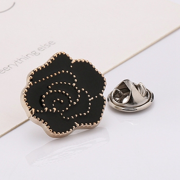 Plastic Brooch, Alloy Pin, with Enamel, for Garment Accessories, Rose Flower, Black, 18mm