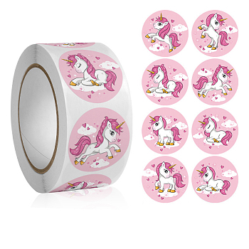 8 Patterns Horse Cartoon Stickers Roll, Round Dot Paper Adhesive Labels, Decorative Sealing Stickers for Gifts, Party, Pink, 25mm, 500pcs/roll