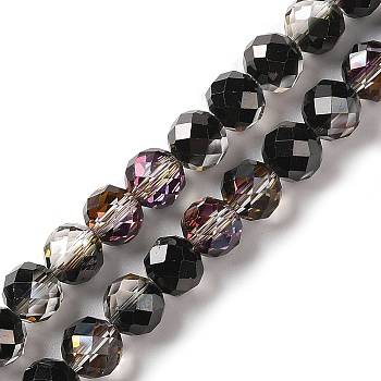 Half Golden Plated Electroplate Beads Strands, Faceted, Round, Black, 8x7.5mm, Hole: 1.2mm, about 68pcs/strand, 20.28''(51.5cm)