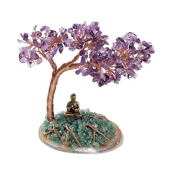 Natural Amethyst & Green Aventurine Tree Display Decoration, Buddha Statue on Agate Slice Base Feng Shui Ornament for Wealth, Luck, Rose Gold Brass Wires Wrapped, 92~105x141~148x151~155mm