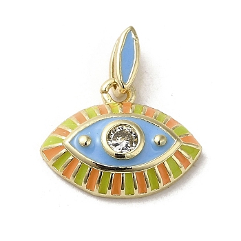 Brass Enamel Charms, with Glass, Real 18K Gold Plated, Eye Charm, Yellow Green, 11.5x15x3.8mm, Hole: 4.5x1.5mm